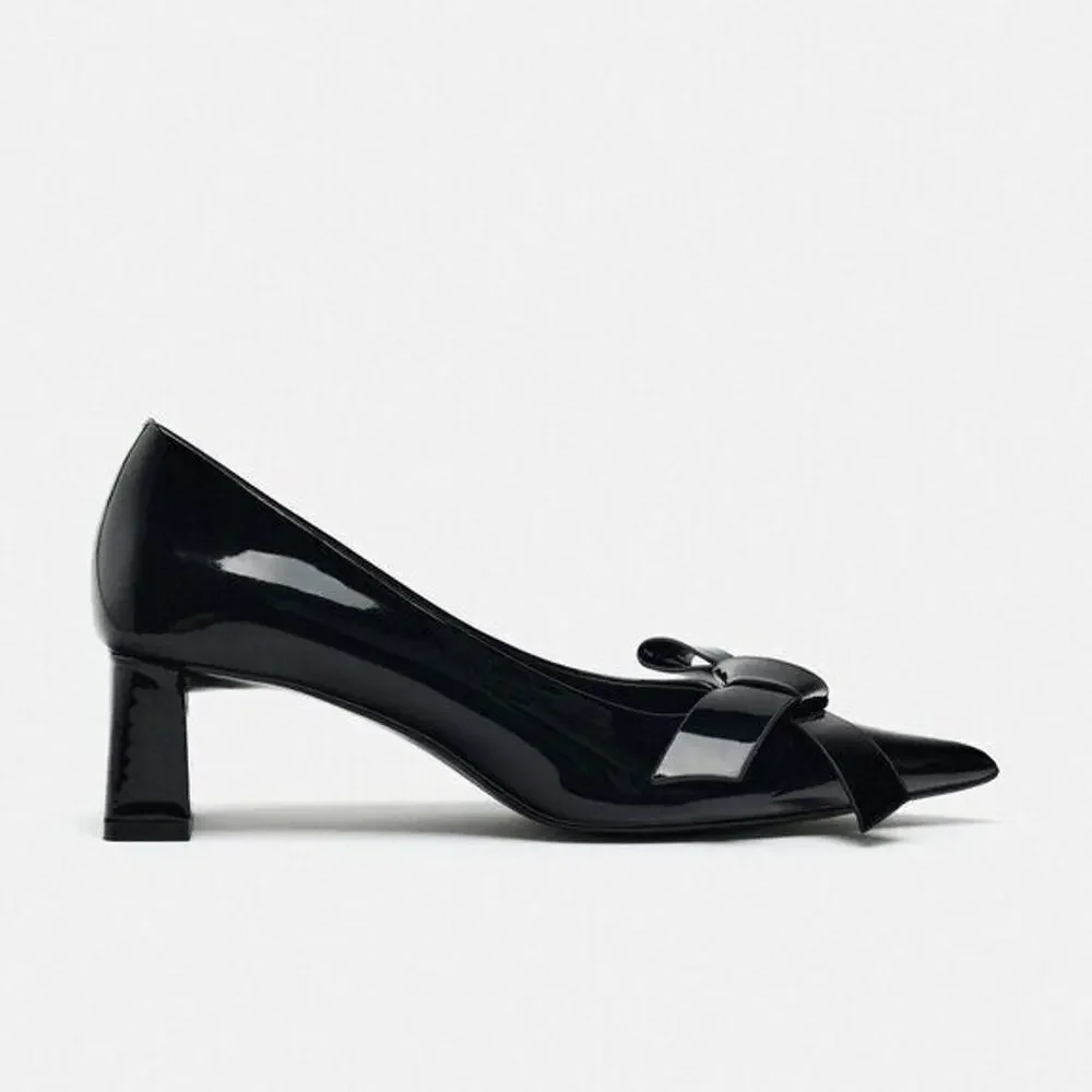 ZARA Black Patent Bow Pumps Pointed Toe Block Heel Office Shoes NWT 6.5
